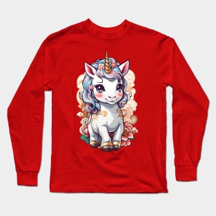 Cute Unicorn with Flowers and Swirls Long Sleeve T-Shirt